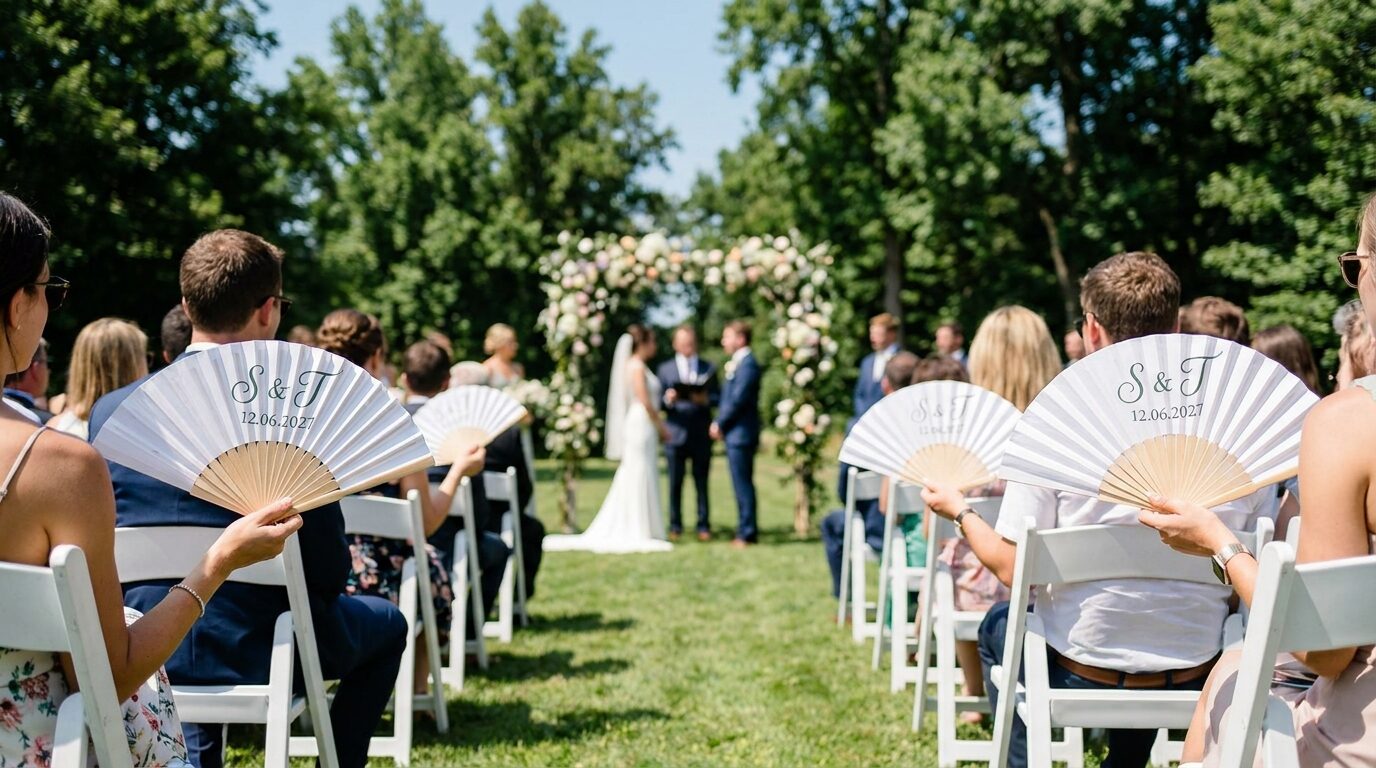 Gasten met waaiers met initialen en trouwdatum bij een ceremonie buiten