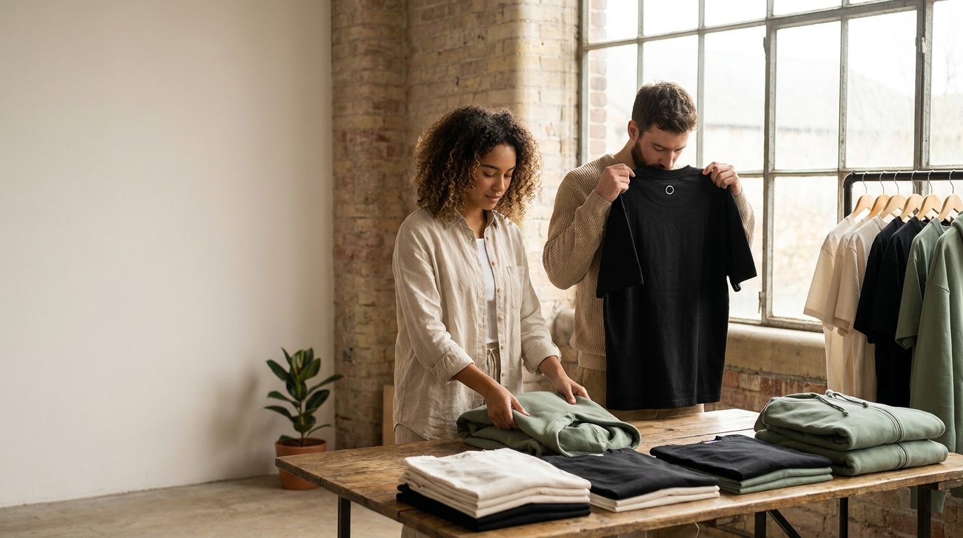 Twee starters bekijken hun eerste eigen kledingcollectie: T-shirts en hoodies met een kleine nekprint