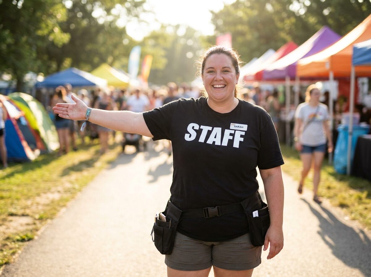Medewerker in een bedrukt T-shirt in een grote maat op een evenement