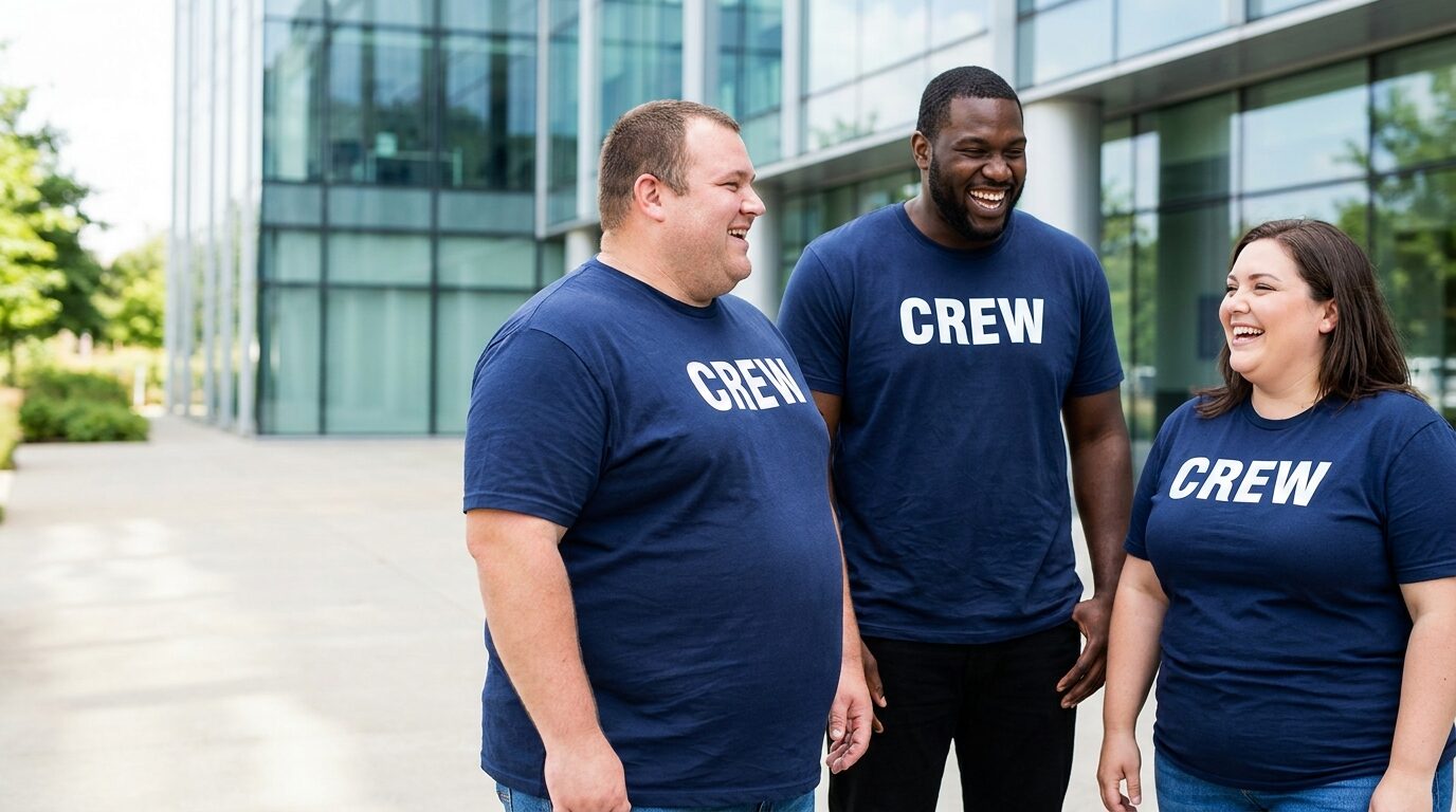 Collega's in grote maten in dezelfde bedrukte T-shirts