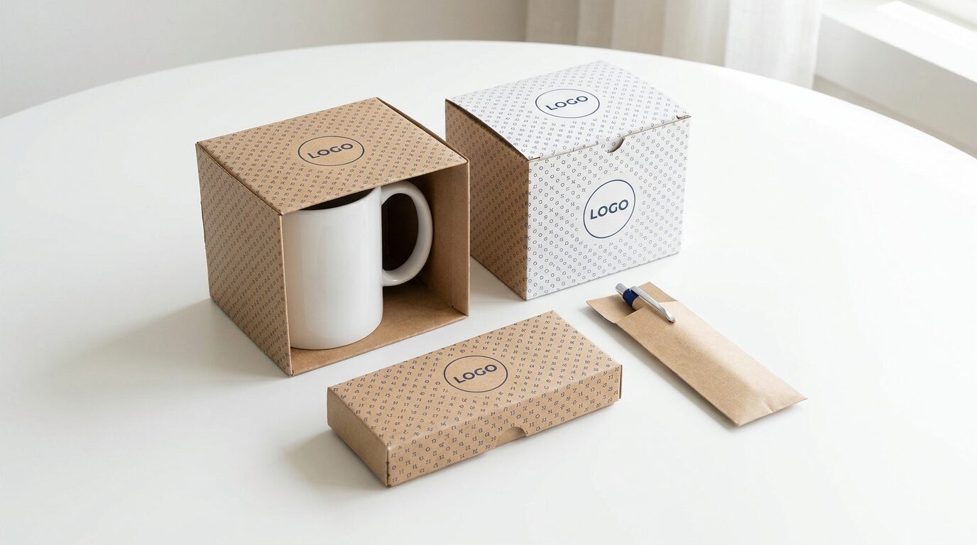 Printed gift boxes for bottle, mug and sunglasses and a pen sleeve