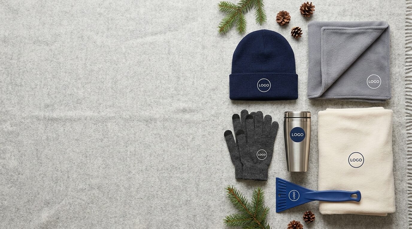 Winter promotional gifts with logo: beanie, scarf, gloves, thermal mug, blanket and ice scraper