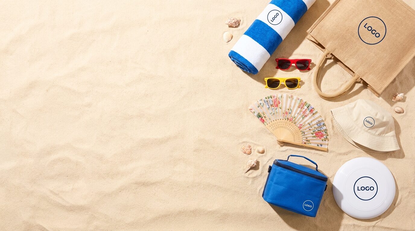 Summer promotional gifts with logo: beach bag, sunglasses, fan and cool bag