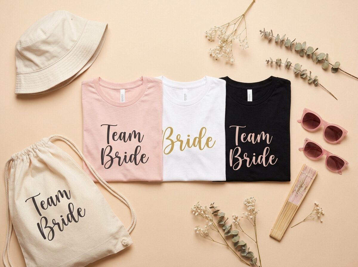 Team Bride shirts with bucket hat, drawstring bag, sunglasses and fan