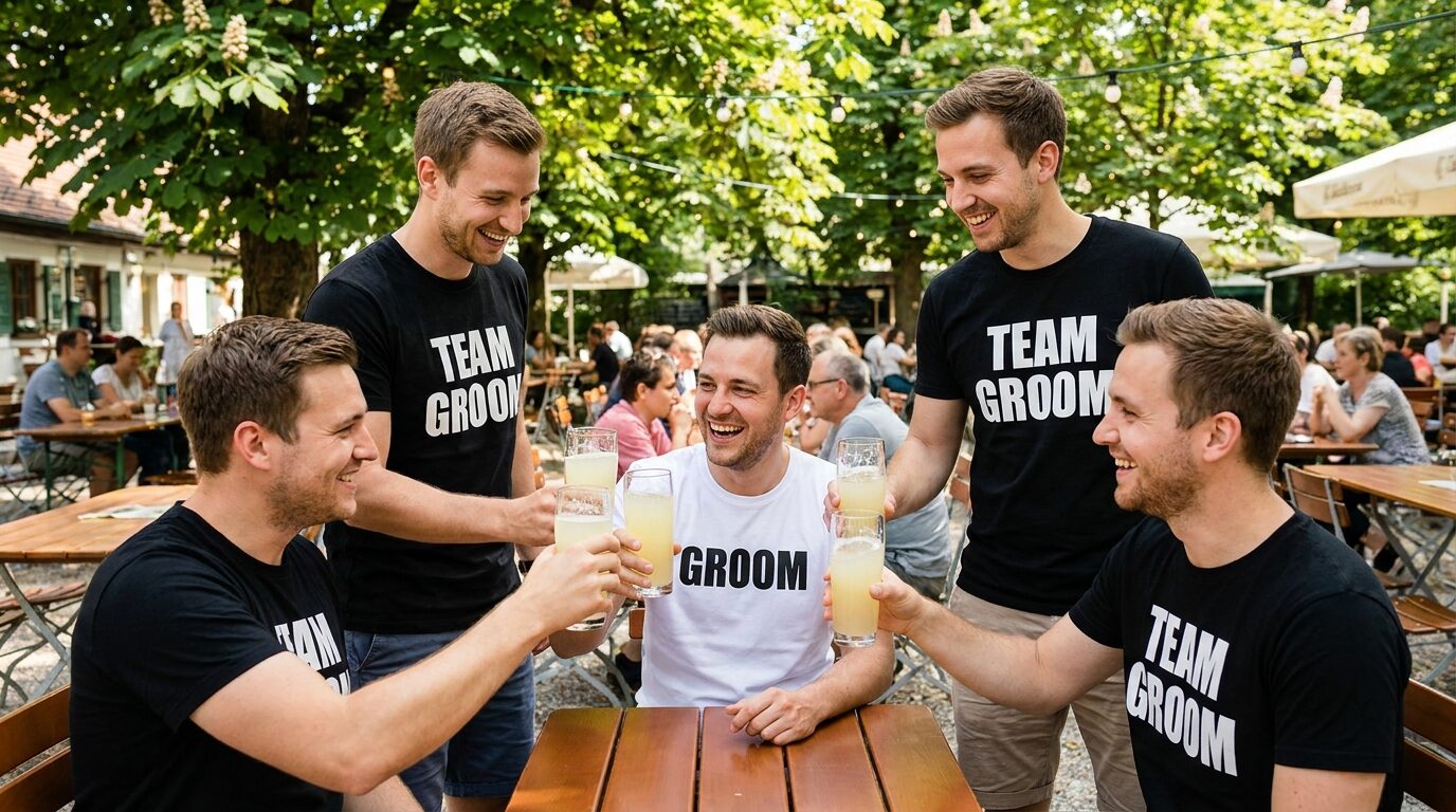 Friends wearing black Team Groom shirts and the groom in a white Groom shirt