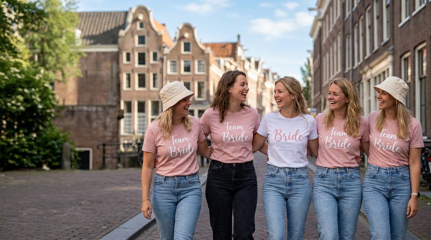 Friends wearing pink Team Bride shirts and the bride in a white Bride shirt